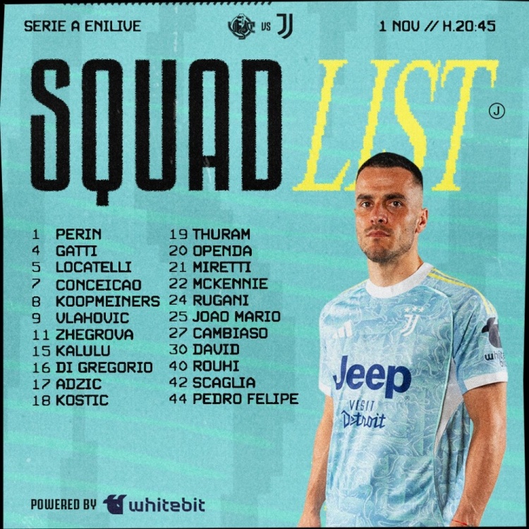 尤文联赛大名单:DV9、卡卢卢、凯夫伦-图拉姆在列,伊尔迪兹缺阵