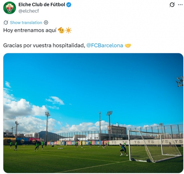 【QY球友会】借用巴萨训练场,埃尔切官推晒照:感谢巴萨俱乐部的慷慨🤝