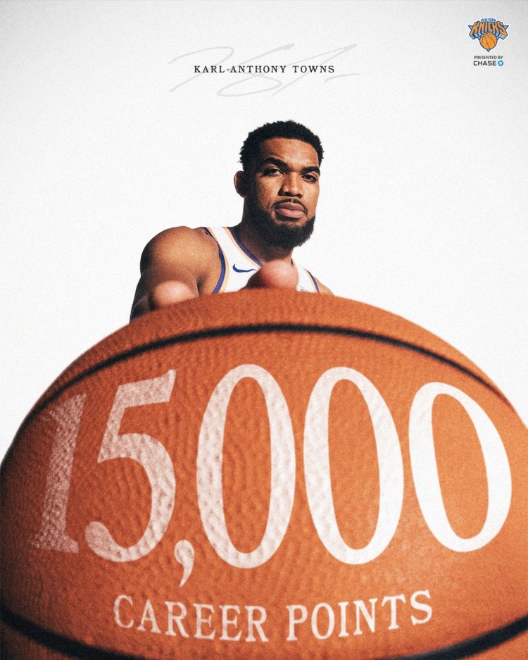 里程碑！唐斯生涯总得分突破15000大关 现役第26位