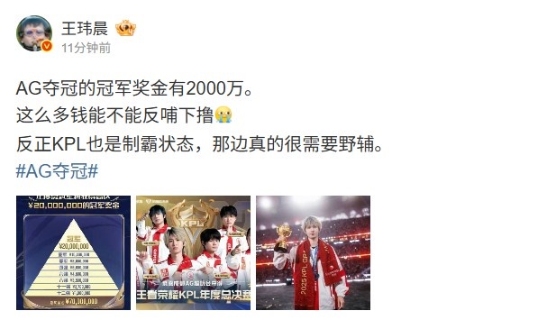 媒体人：AG夺冠奖金有2000万 能不能反哺下撸 那边真的很需要野辅