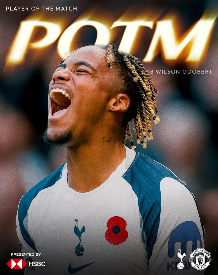 送出助攻，热刺官方：20岁奥多贝尔当选2-2曼联队内最佳球员