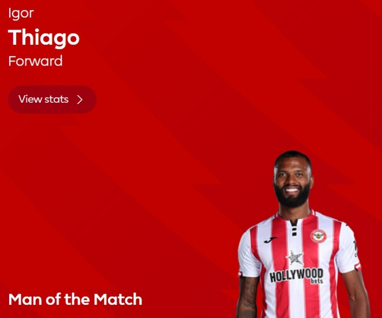 梅开二度，英超官方：伊戈尔当选布伦特福德3-1纽卡全场最佳