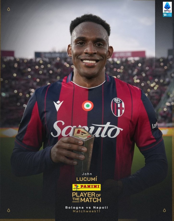 头球破门，意甲官方：卢库米当选博洛尼亚2-0那不勒斯全场最佳