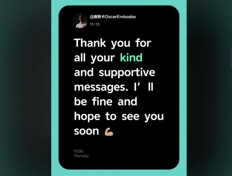 [足球]奥斯卡再报平安：感谢球迷们发来的祝福与留言，请放心我没事的(图1)