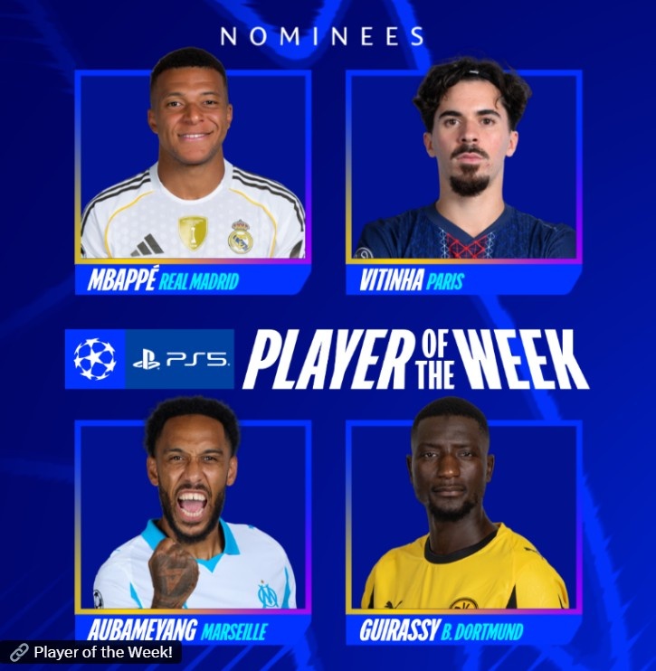 欧冠官方本轮最佳球员候选：姆巴佩、维蒂尼亚、吉拉西、奥巴梅扬