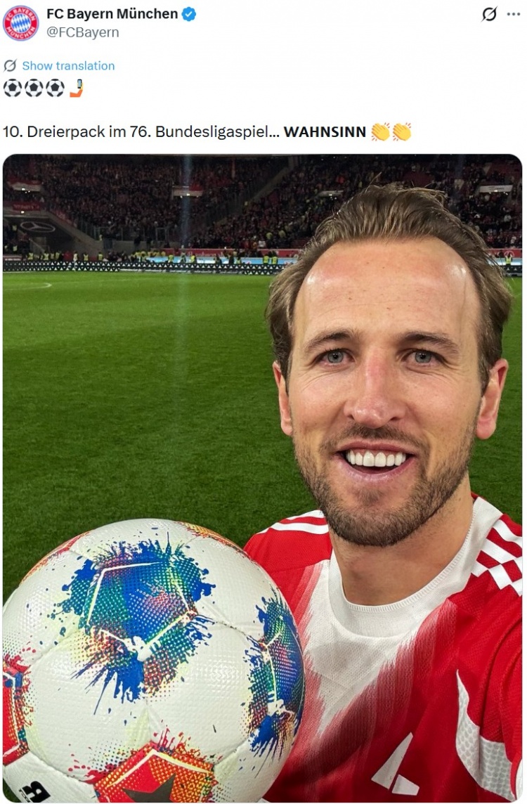 拜仁官推晒凯恩与比赛用球合照：76场德甲第10次帽子戏法，太疯狂