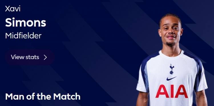 传射建功，官方：哈维·西蒙斯当选热刺2-0布伦特福德全场最佳