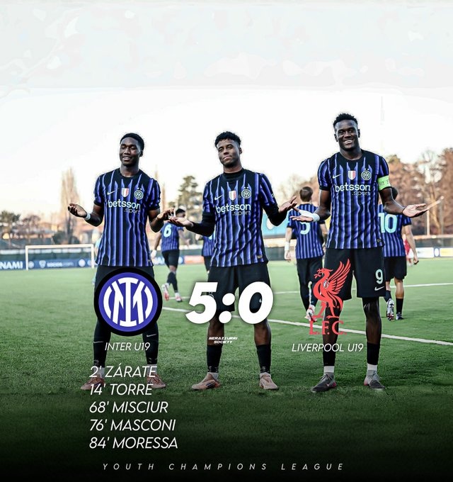 青年欧冠国米5-0击败利物浦，晋级该赛事32强