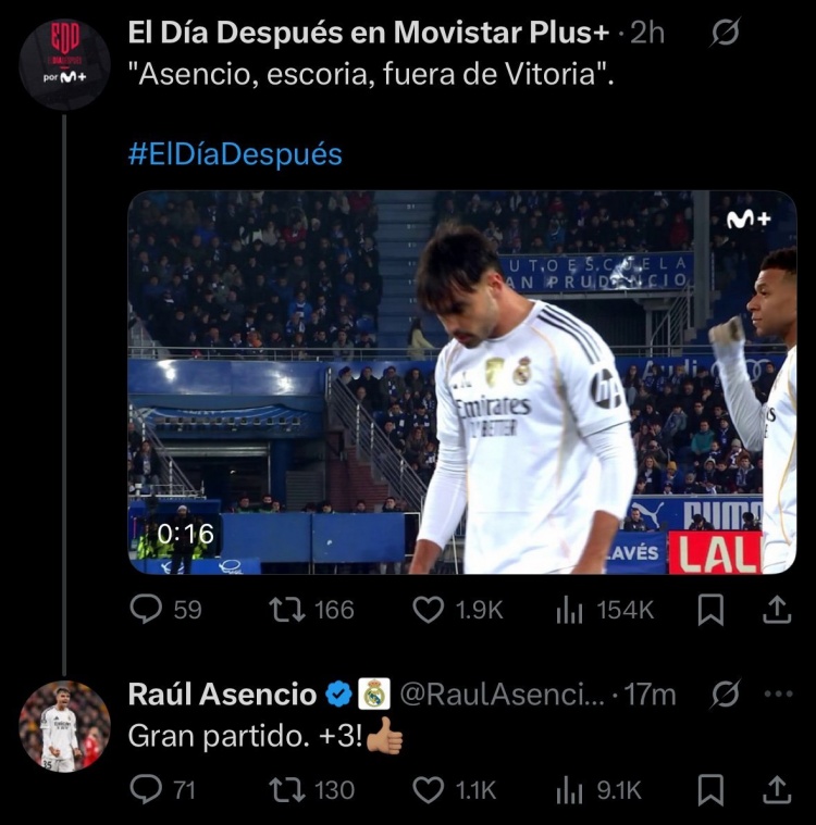  遭阿拉维斯球迷辱骂，阿森西奥社媒回应：很棒的比赛，拿下3分！