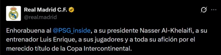皇马官方：祝贺巴黎圣日耳曼、纳赛尔和恩里克赢得洲际杯冠军