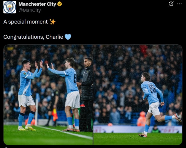 曼城官方发文，祝贺19岁小将查理·格雷完成一线队首秀