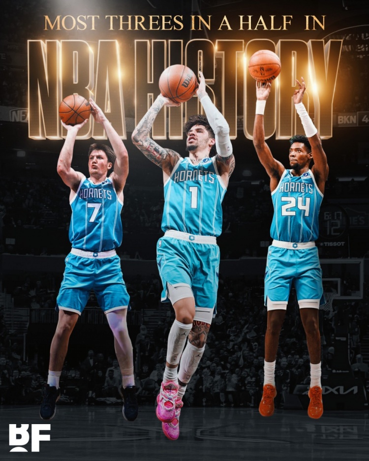 万箭穿心！黄蜂上半场三分31中18 追平NBA半场三分命中数纪录