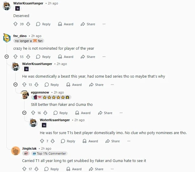 Reddit热议2025LCK awards:标准并不一致 体育精神奖把Faker骗来