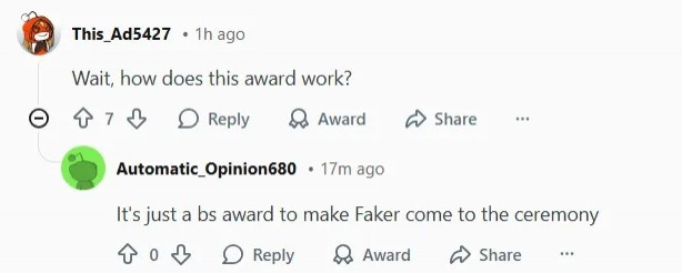 Reddit热议2025LCK awards:标准并不一致 体育精神奖把Faker骗来