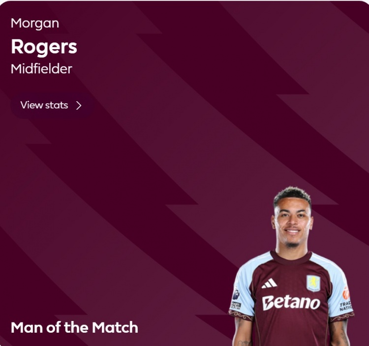 实至名归！罗杰斯当选维拉2-1曼联全场最佳球员