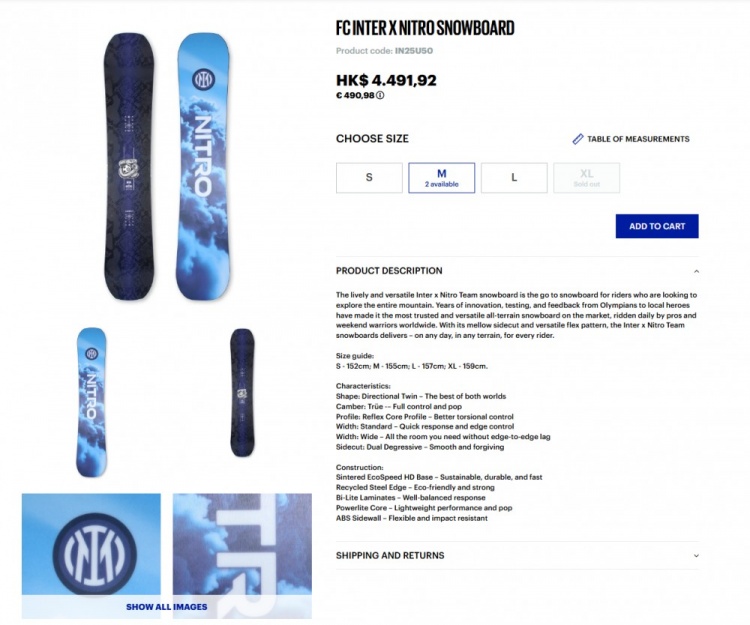 【体育世界】国米官方商店上架Nitro Team联名款滑雪板，售价490.98欧元(图1)