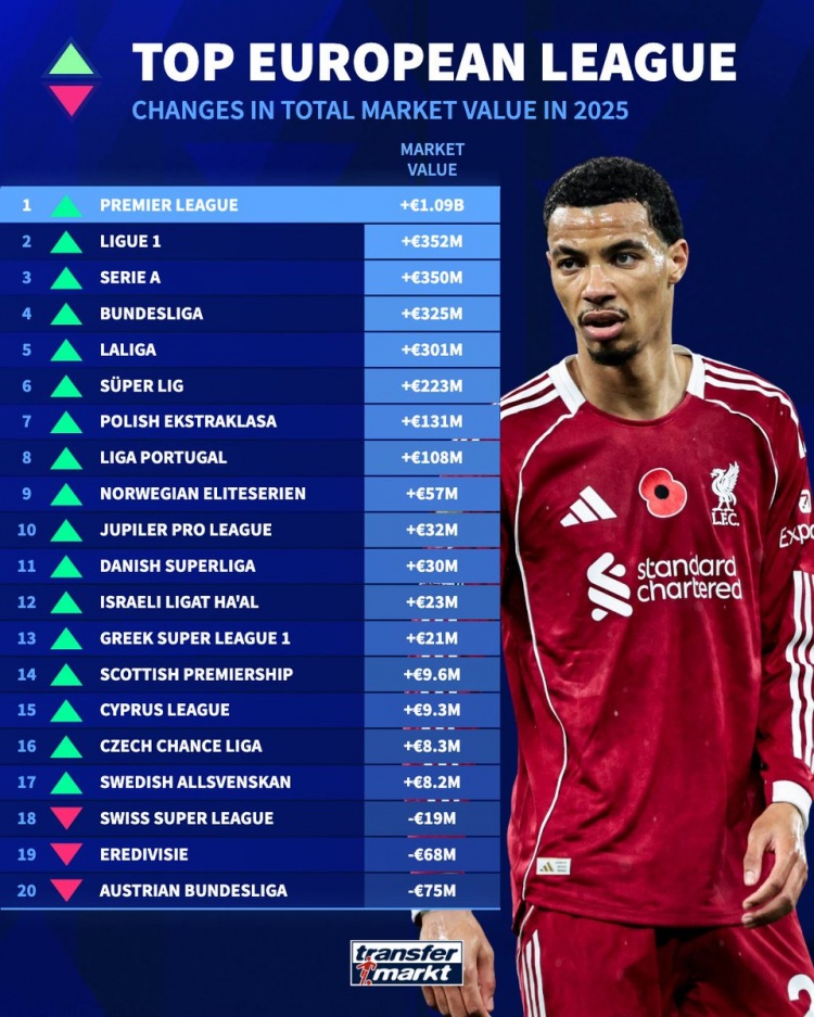 【德甲】2025年欧洲联赛身价涨跌榜：英超上涨10亿9000万欧第一，法甲第二(图1)