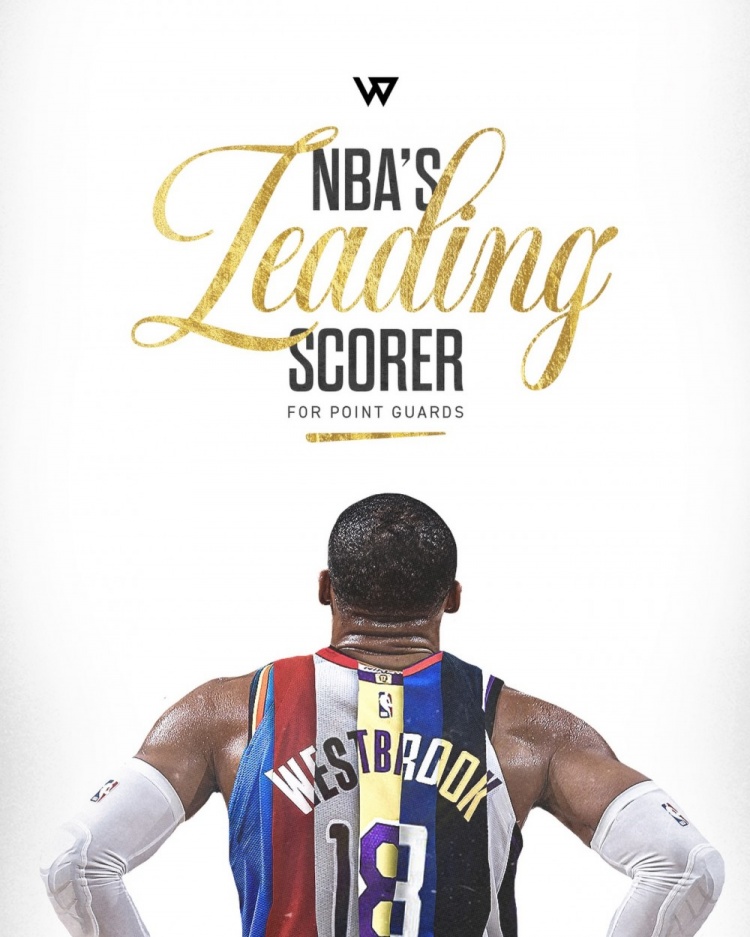 [值得一看]七彩球衣身上披！威少社媒发布登顶历史控卫得分榜海报(图1)