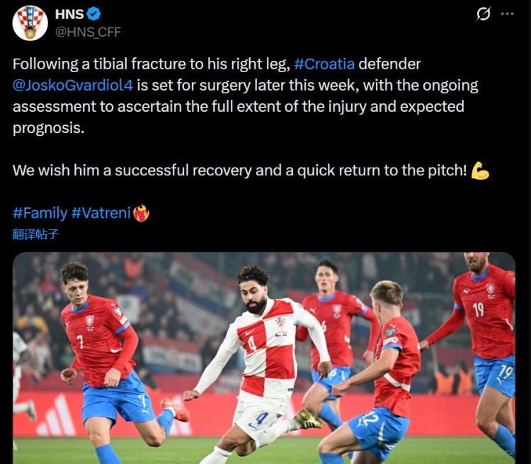 克罗地亚足协：祝愿格瓦迪奥尔康复成功，早日重返赛场