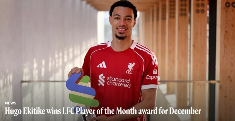 6场5球1助攻,官方:埃基蒂克被评为利物浦12月队内最佳球员