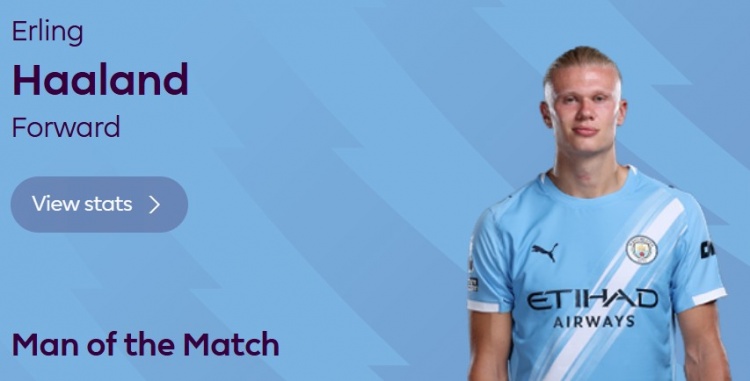 点射破门，英超官方：哈兰德当选曼城1-1布莱顿全场最佳球员