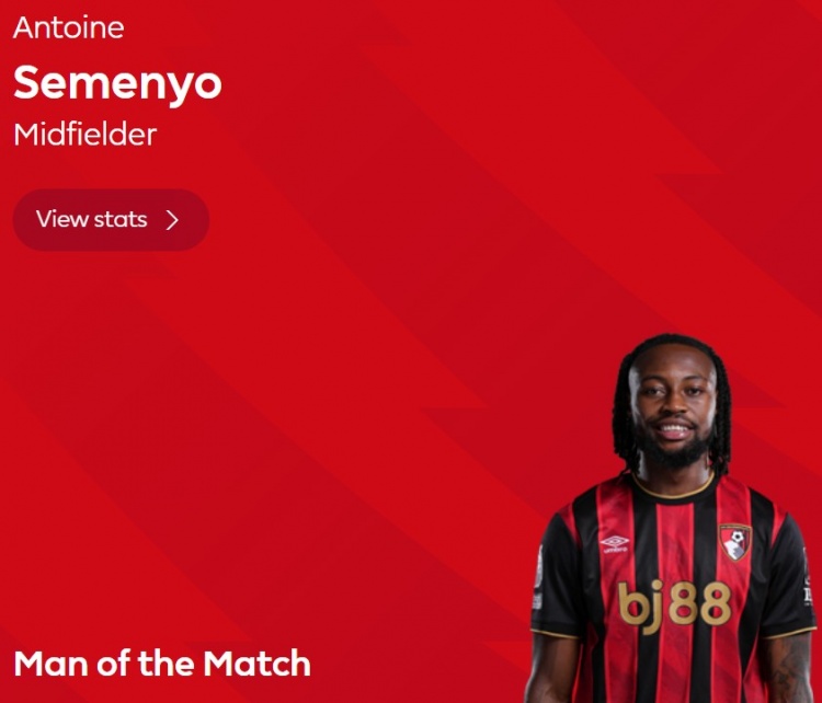 95分钟绝杀，英超官方：塞梅尼奥当选伯恩茅斯3-2热刺全场最佳