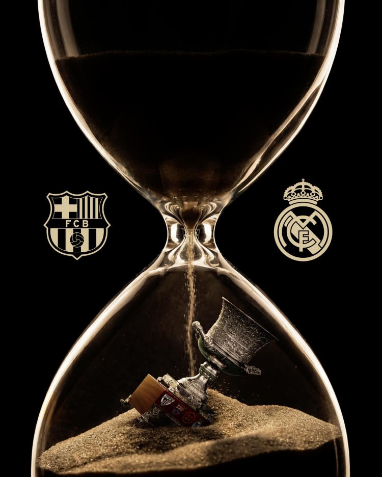 沙漏+奖杯！巴萨官方社媒晒海报预热西超杯国家德比
