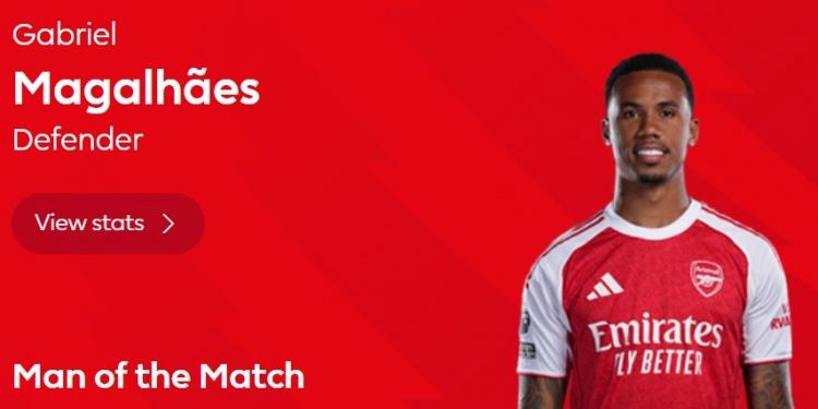 3次解围，英超官方：加布里埃尔当选阿森纳0-0利物浦全场最佳