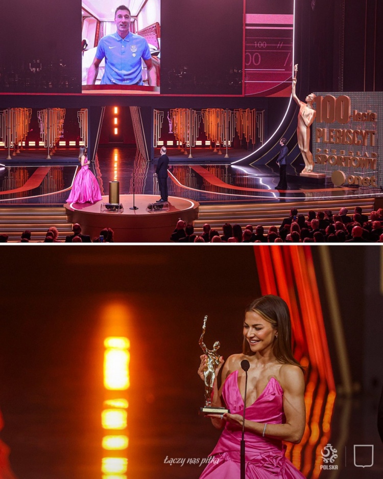 [足球]恭喜！莱万荣获波兰“世纪冠军”奖项，妻子安娜代表他领奖(图2)