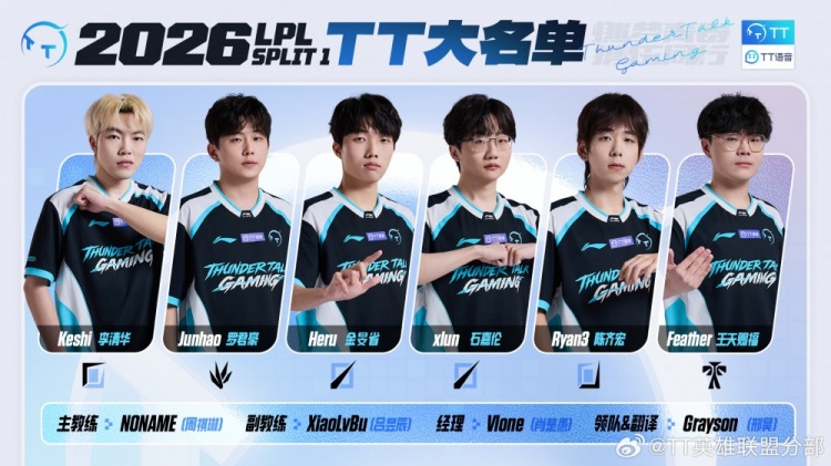 【万博电竞】TT公布新赛季大名单：Keshi/Junhao/Heru/Ryan3/Feather