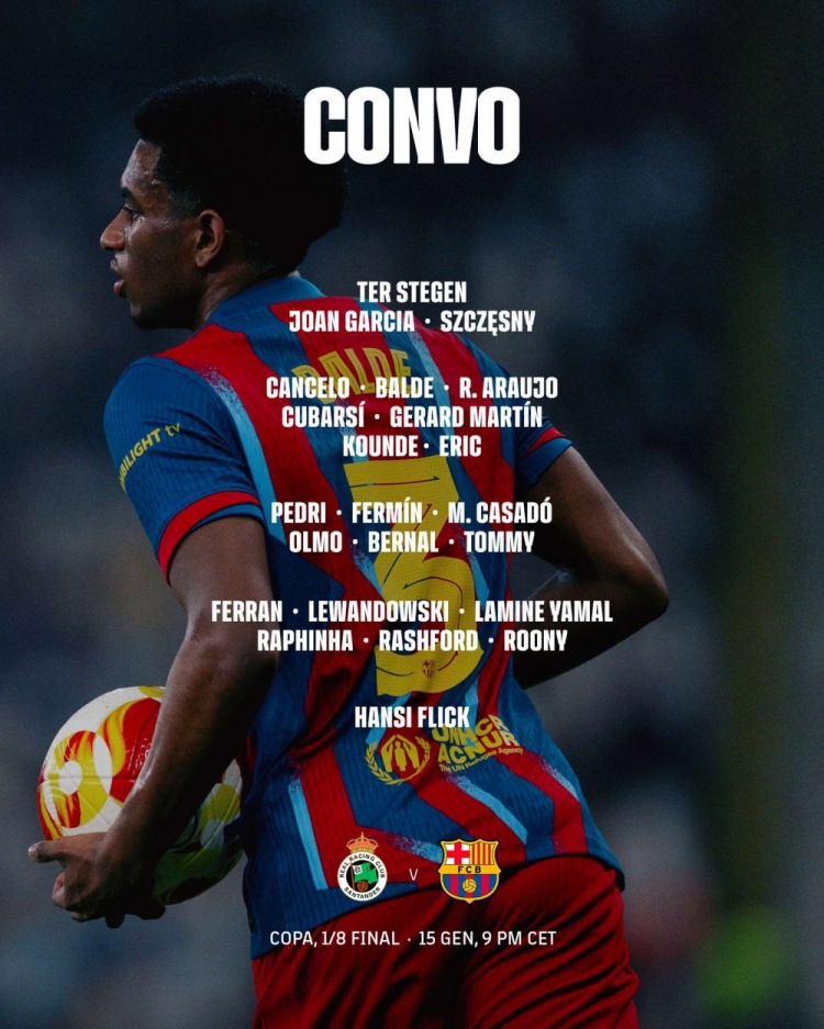 【球迷报道】巴萨国王杯名单：坎塞洛入选，莱万、拉菲尼亚、亚马尔在列(图1)