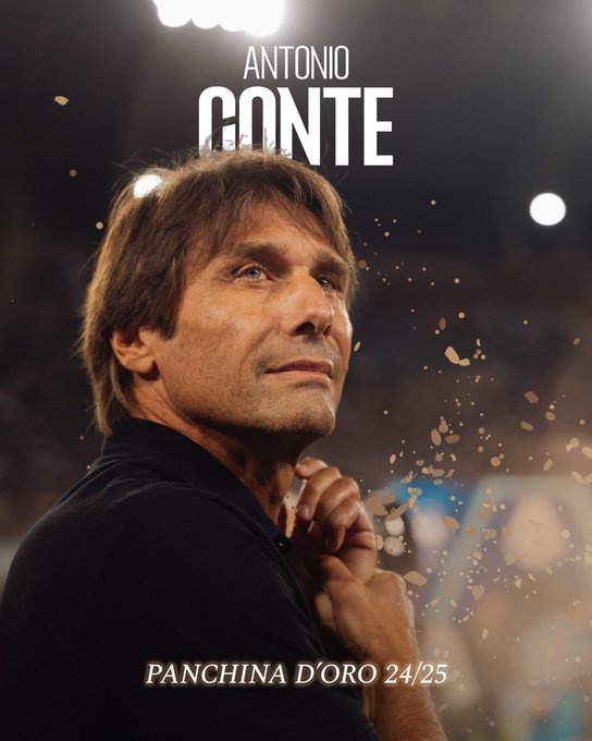 那不勒斯官推祝贺孔蒂荣膺“金板凳奖”：赢得意甲冠军后实至名归