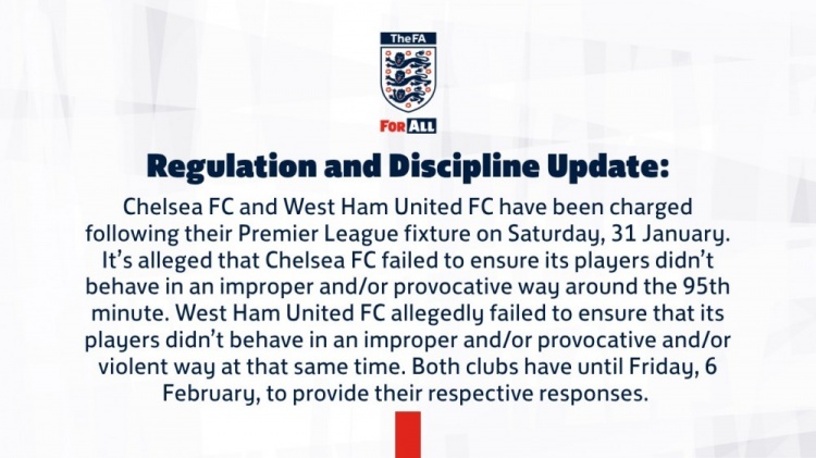 官方：在英超引发冲突，英足总对切尔西和西汉姆联提起指控
