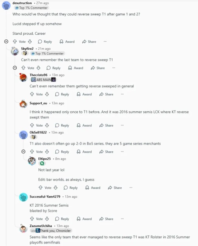 Reddit热议DK让二追三T1:T1现在无比想念Gumayusi;他是惩戒保险