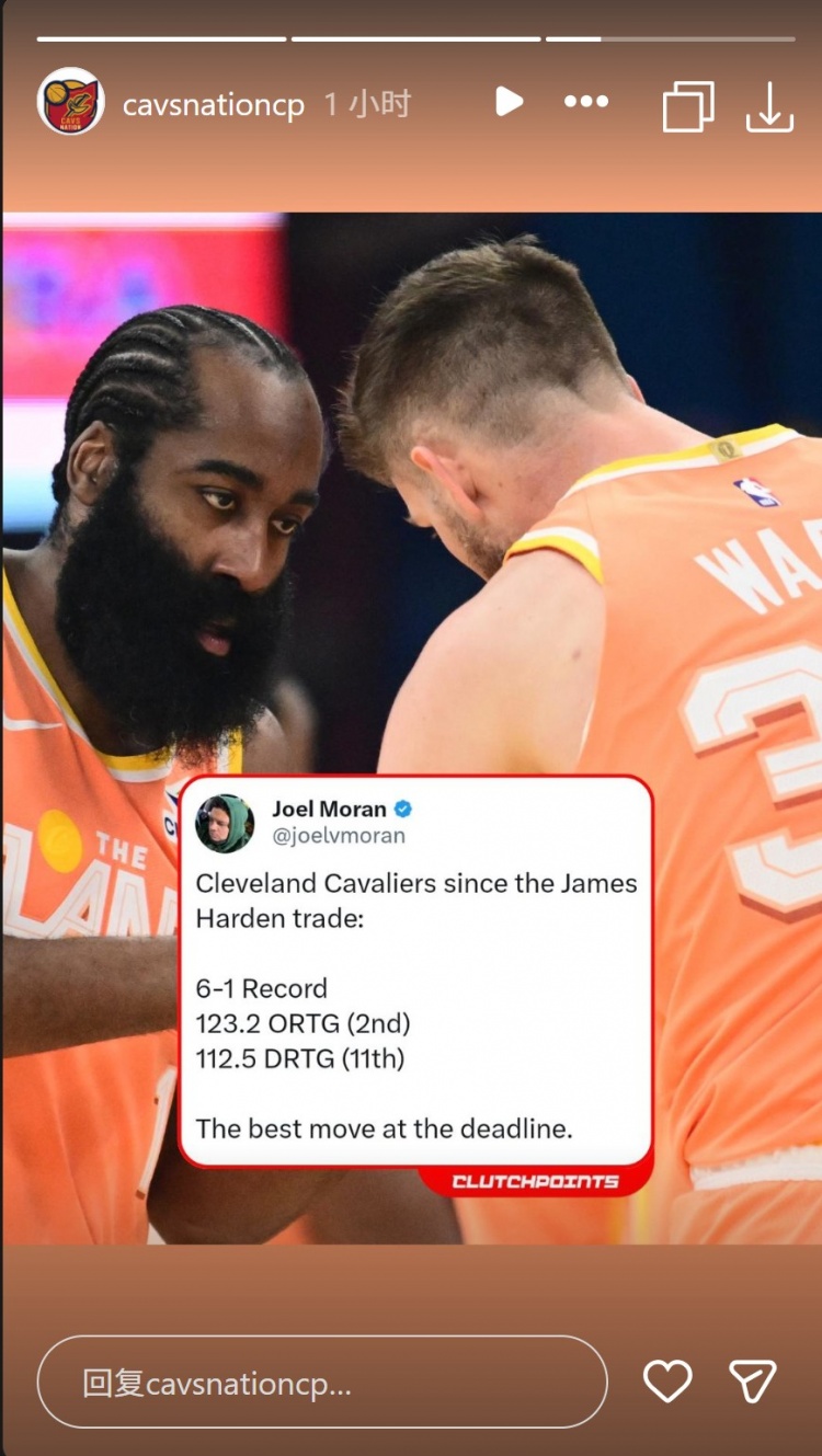 6胜1负！哈登加盟后骑士进攻效率123.2&联盟第二 防守效率第11