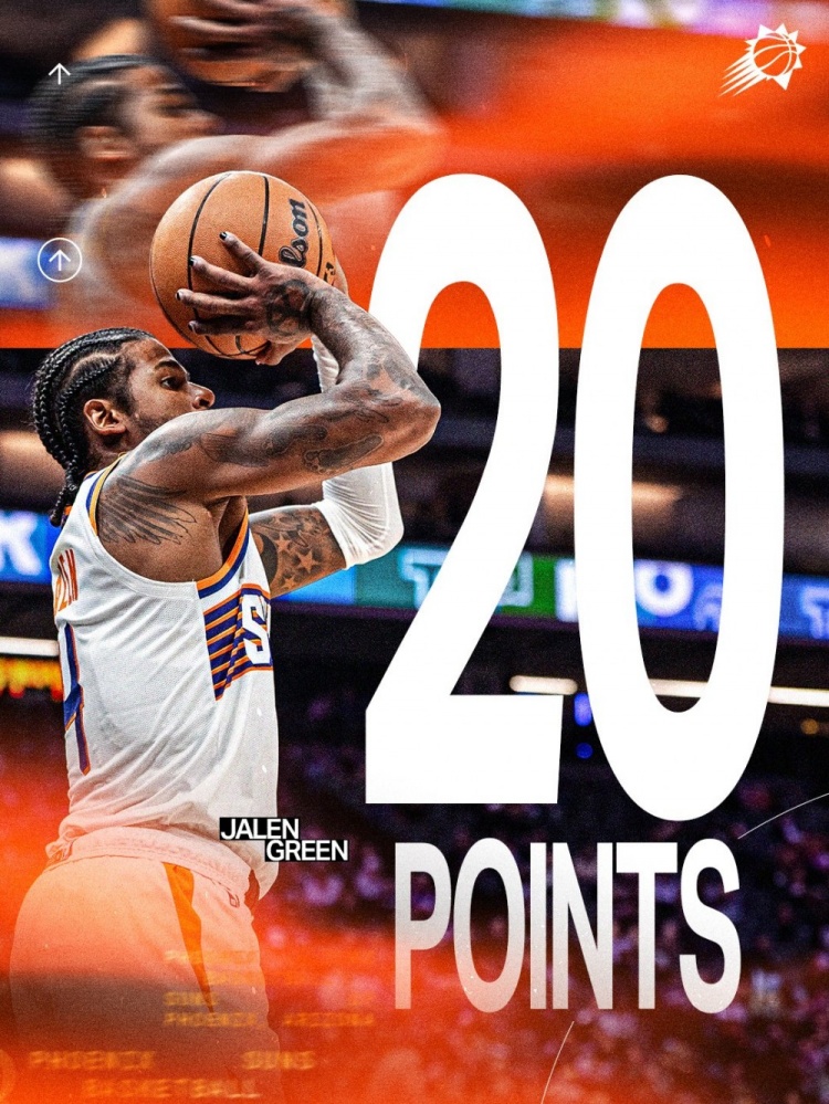 [体育报道]得分全队最高！太阳官推发布杰伦·格林本场20分数据海报(图1)