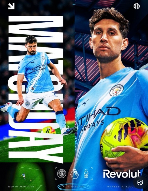 [诺丁汉森林]曼城官方晒海报预热对阵诺丁汉森林，斯通斯、鲁本·迪亚斯出镜(图1)