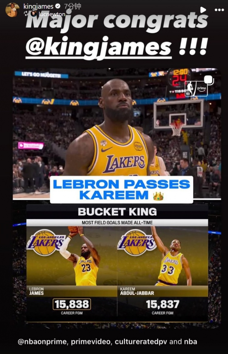 【湖人】进球数超越贾巴尔独居历史第一！詹姆斯赛后转发多个庆祝海报(图1)