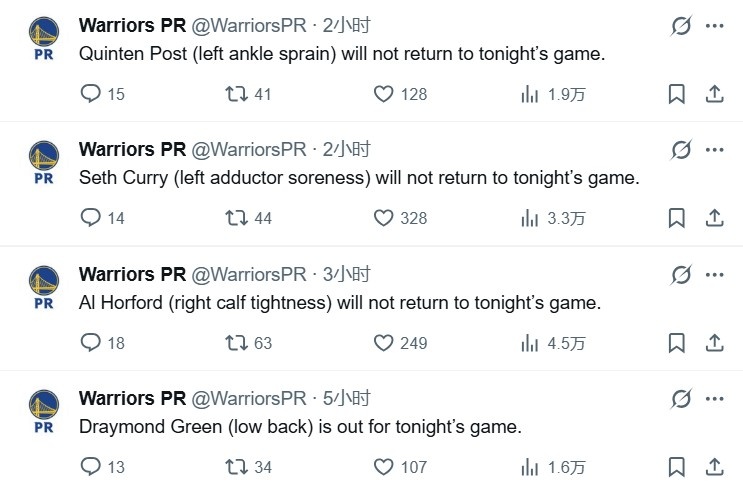 【球迷看点】这也格林公式？勇士今天损失四人：追梦赛前缺阵+三人赛中伤退(图2)