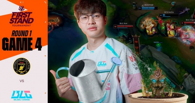 LCK美工发力了😂BLGvsBFX视频封面:拿大棒的Bin 皮城女警Viper