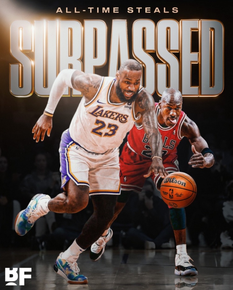  詹姆斯生涯总抢断数（常规赛+季后赛）超越乔丹 上升至历史第四