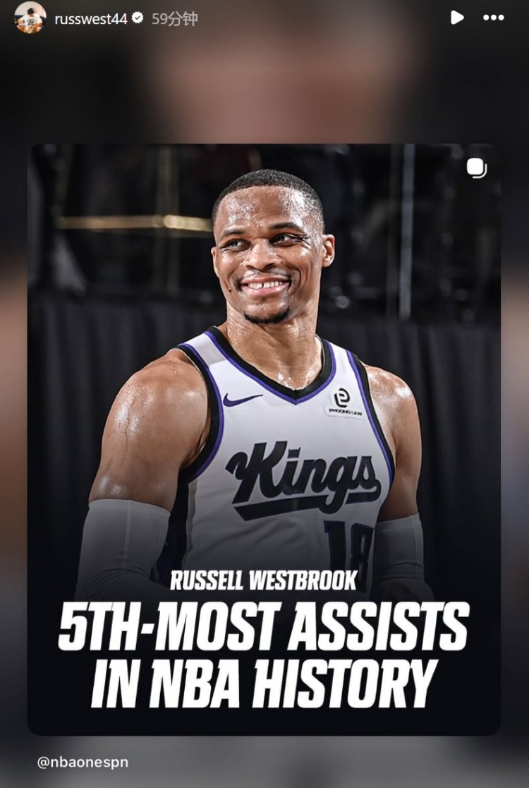 生涯助攻总数连超马克·杰克逊&纳什 上升至历史第五位！威少转发