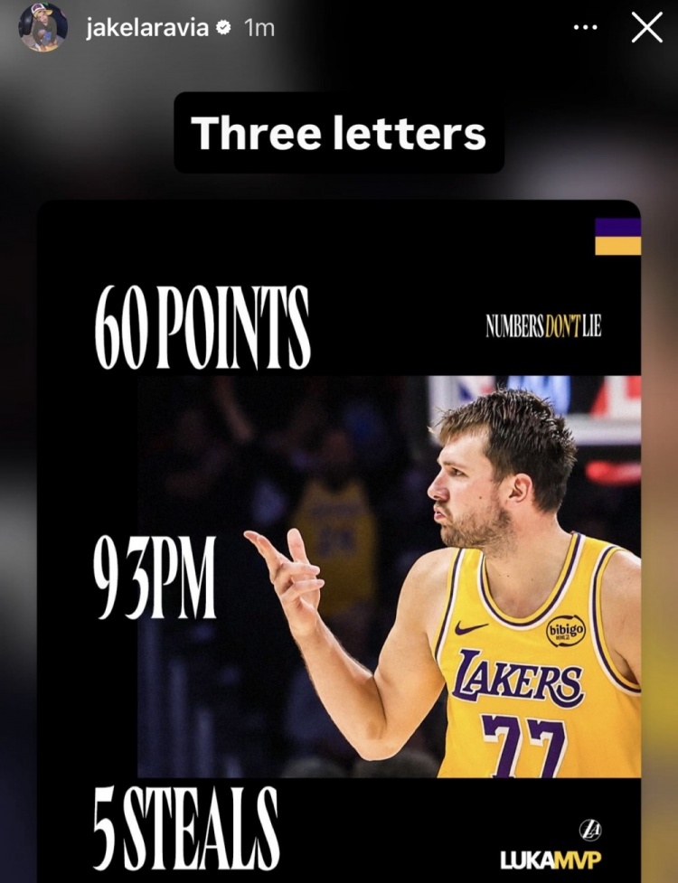 拉拉维亚晒东契奇数据：我只说三点 60分、9三分、5抢断