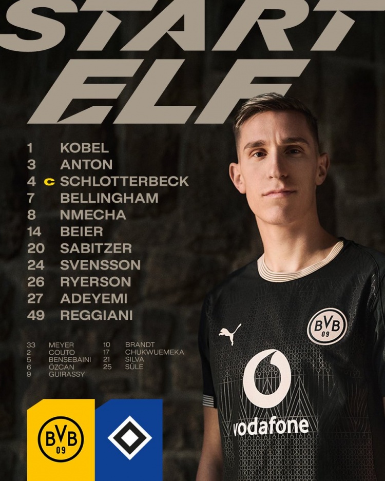 多特首发:施洛特贝克领衔,小贝林厄姆、阿德耶米、萨比策出战