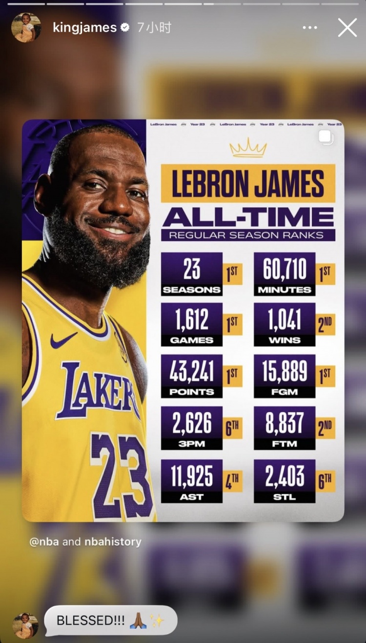 詹姆斯转发自己多项生涯数据历史排名：无比幸福！