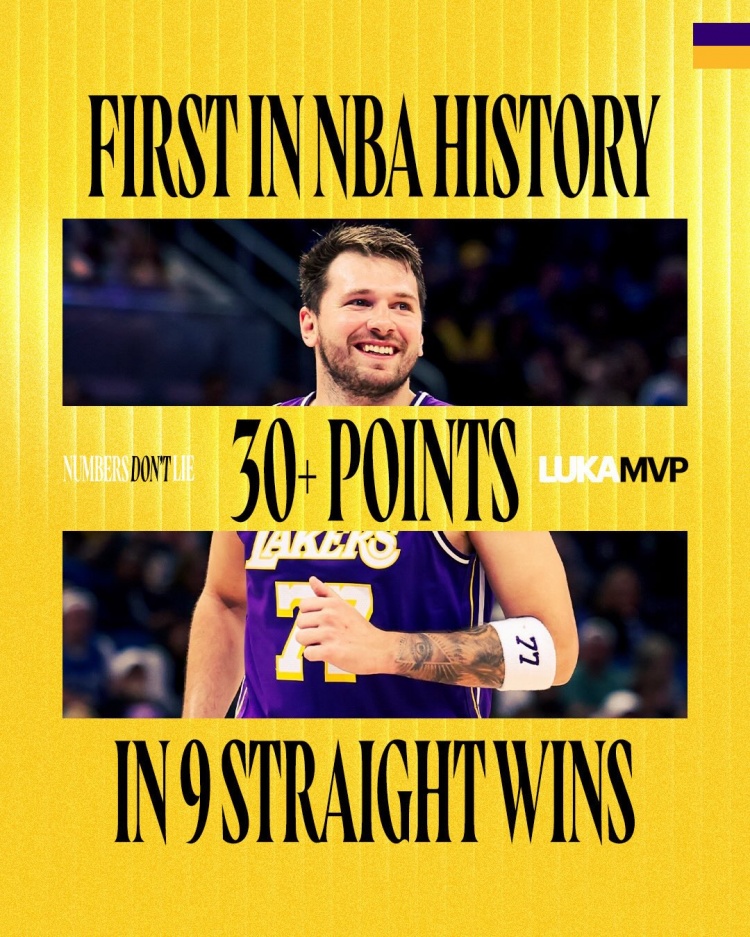 湖人官方海报：球队9连胜东契奇9场砍下30+ NBA历史首人！
