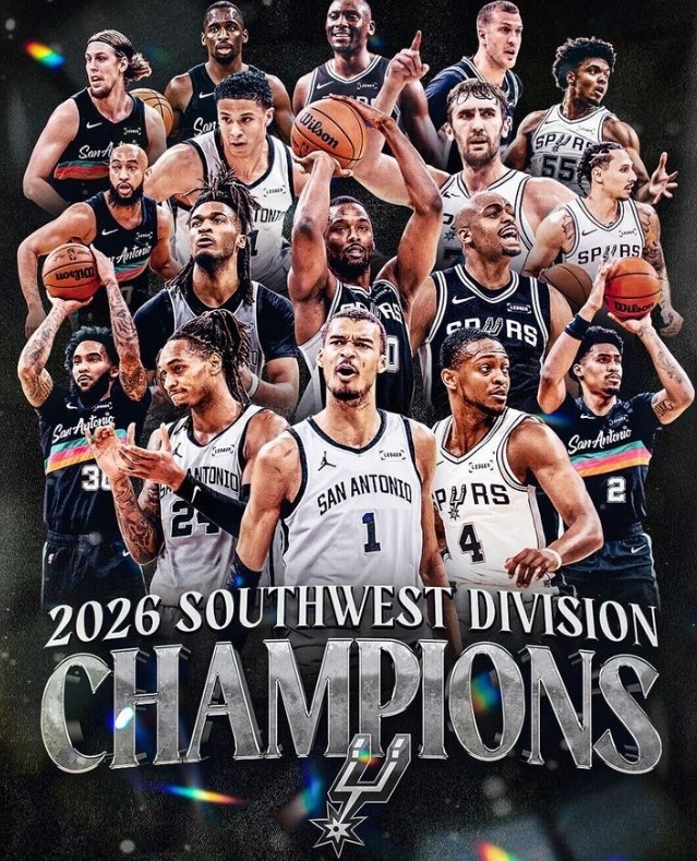 马刺官方晒2026西南赛区冠军海报：文班C位 福克斯瓦塞尔左膀右臂