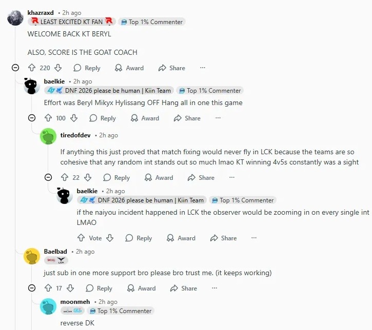 Reddit热议KT战胜GEN:对不起GEN,Aiming是更好的罪犯AD