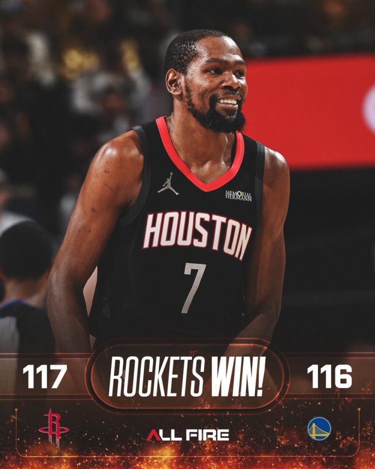 获胜功臣！火箭官方晒出赢球海报 杜兰特面带微笑登上封面