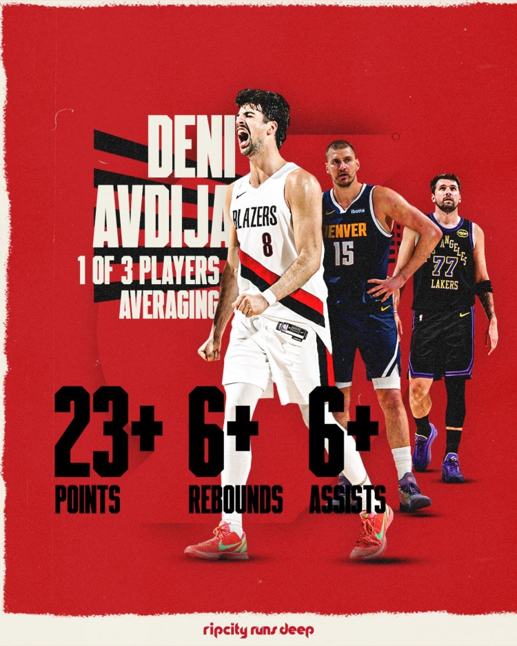  开拓者晒出海报！仅有的三位场均至少23+6+6球员：阿夫迪亚+东&约